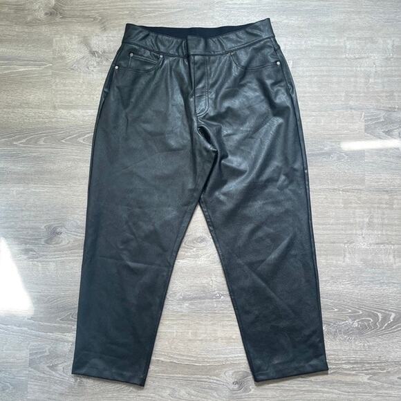 SPANX Leather Like Black Faux II Slim Straight Leg Pants High Rise Shaping 37" w - Picture 1 of 8